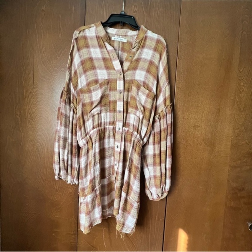 We The Free Relaxed Fit Tunic, Mini Dress. Plaid Sz S EUC Boho Styling Raw Edge